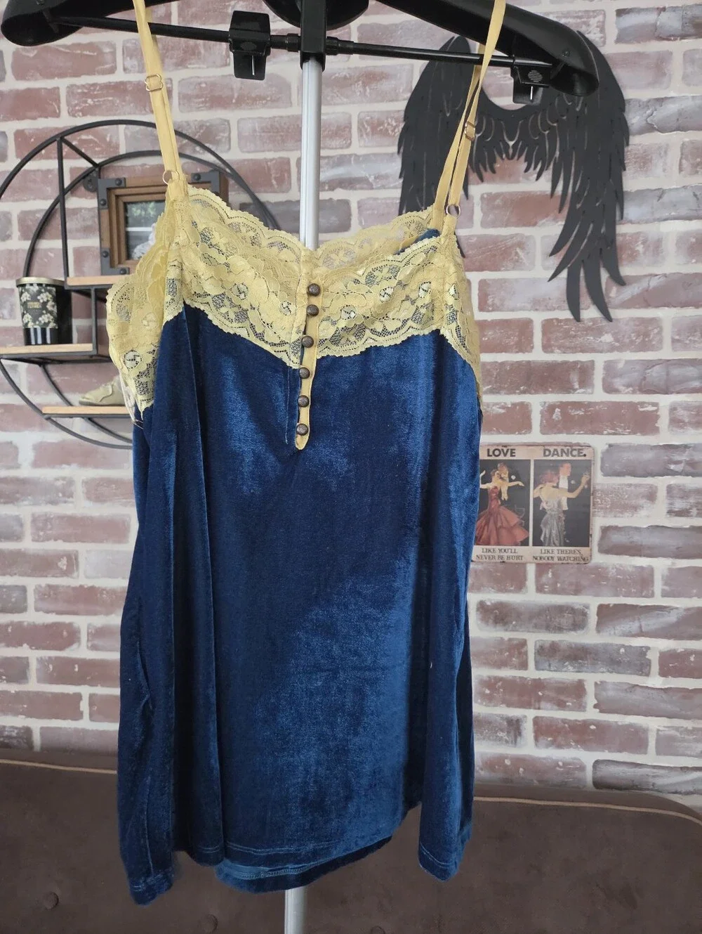 Aratta Blue Velvet Chemise with Beige Lace Trim